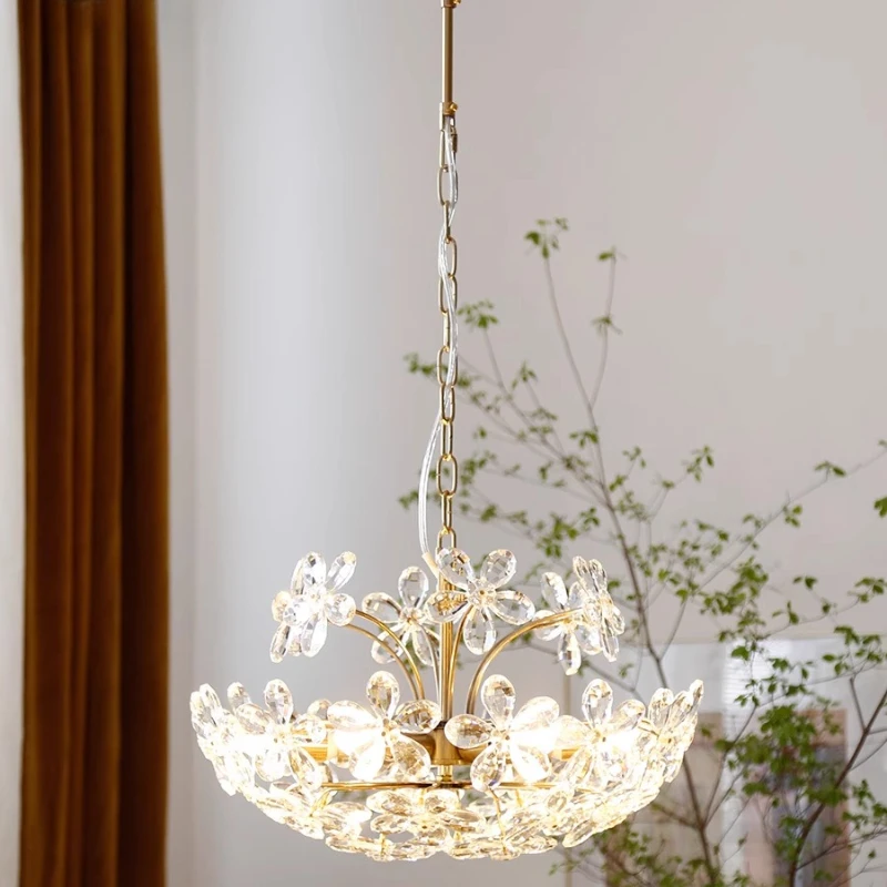 

French Retro Flower Shape Crystal Ceiling Pendant Light Rotundity Hanging Lamp Living Room Restaurant Kitchen Bedroom Chandelier