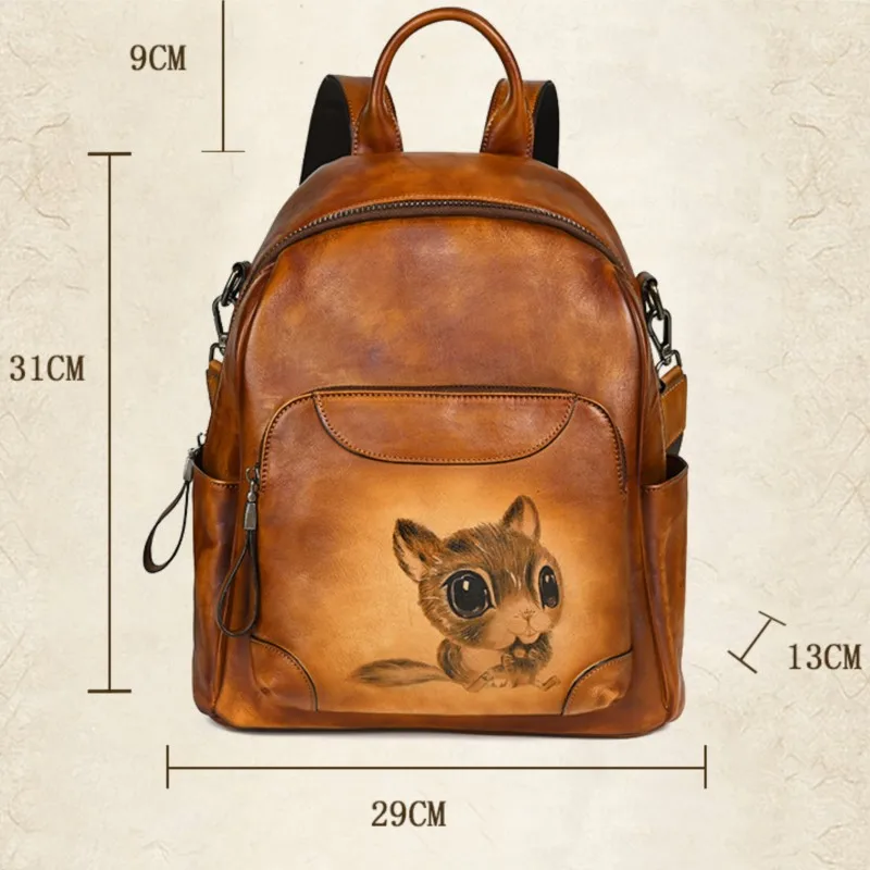 Johnature-mochila de couro genuíno com estampa animal para mulheres, bolsa de couro real natural de grande capacidade, mochilas retrô de viagem, nova, 2024