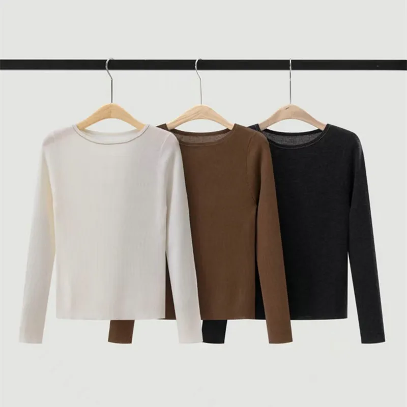 2026 Autumn Winter Round Neck Wool Slim Fit Knitted Sweater for Women, Long Sleeved Base Sweater