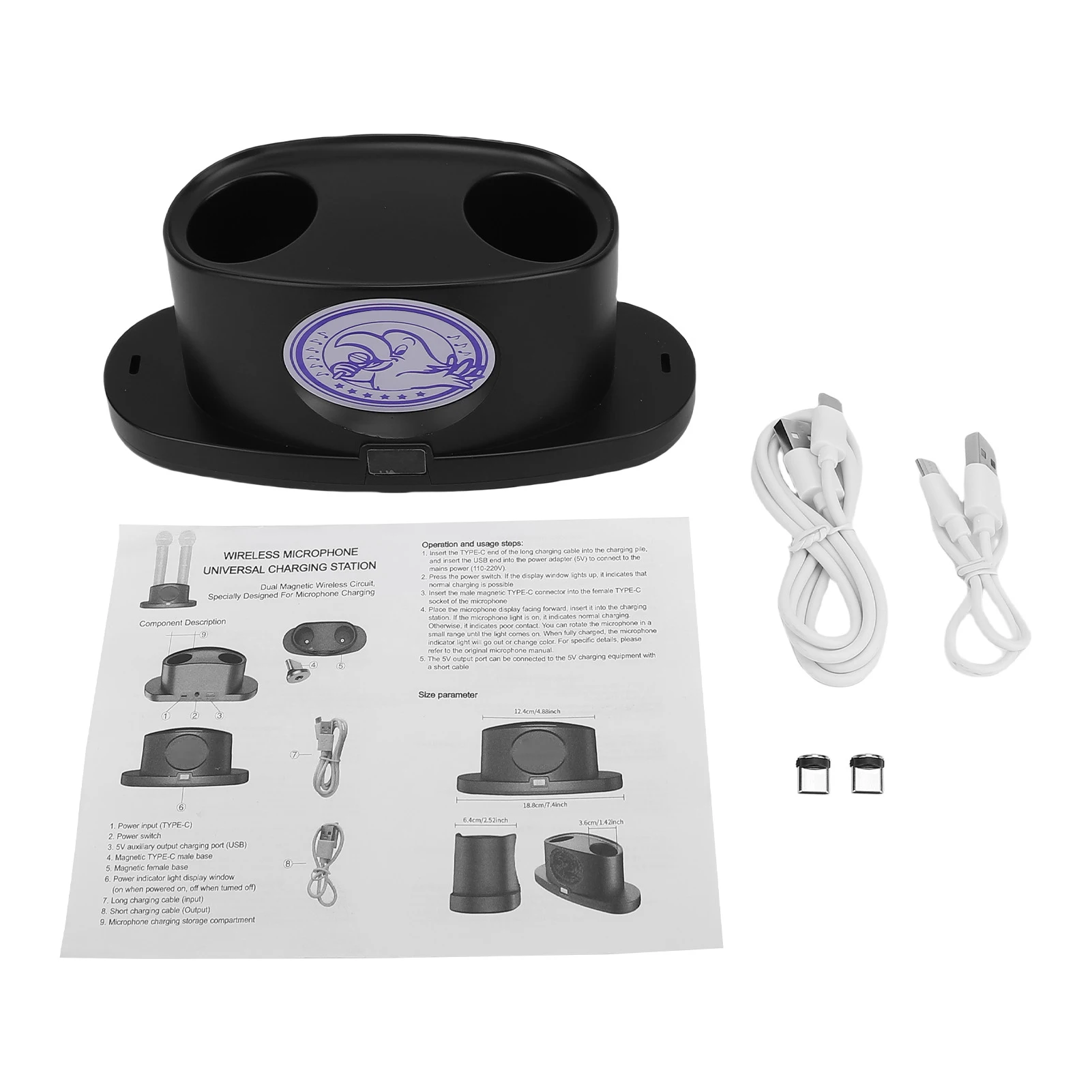 محطة شحن ميكروفون مغناطيسية لاسلكية 2 للميكروفونات، حامل شحن سطح المكتب المحمول، موفر للطاقة الذكية