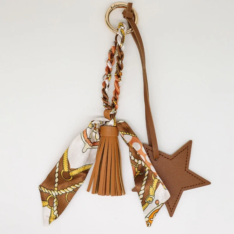 Hand-woven Silk Scarf Car Keychain Accessories PU Tassel Handbag Star Pendant Tassels Key Chain for Women
