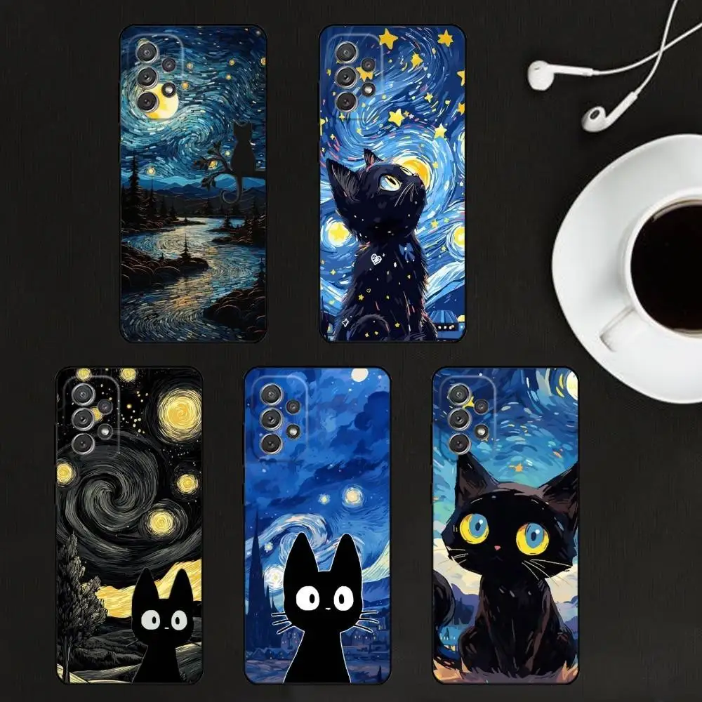 

Van Gogh Art Cute Kitty Cat Phone Case For Samsung S25,S24,S21,S22,S23,S30,Ultra,S20,Plus,Others Soft Black Cover