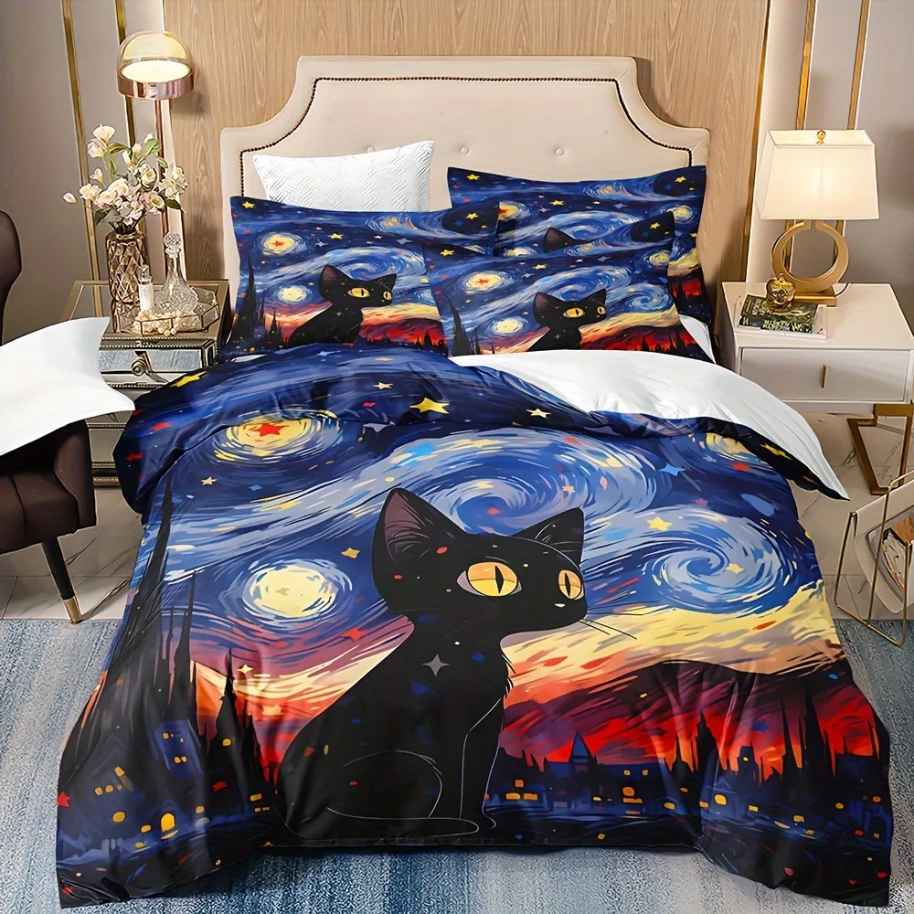 

Charming Black Cat Van Gogh-Inspired 3pcs Duvet Cover Set - Soft Breathable Cozy Bedding with Cute Kitten Prints for All Seasons