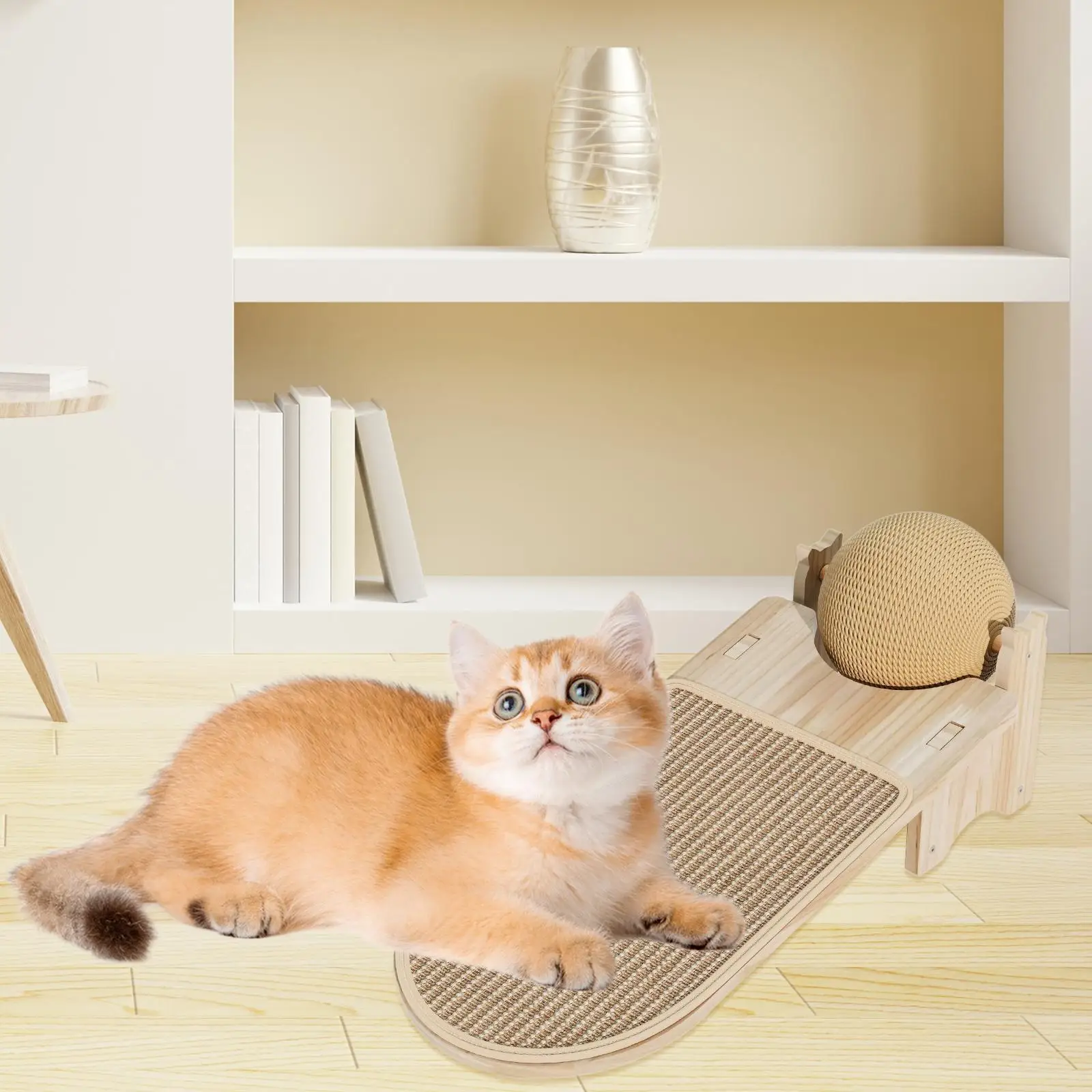 Jute Sisal Cat Scratcher Bed with Ball Toy for Indoor Cats Wood Scratching Pad Lounge Ramp Furniture Protector for Kitty