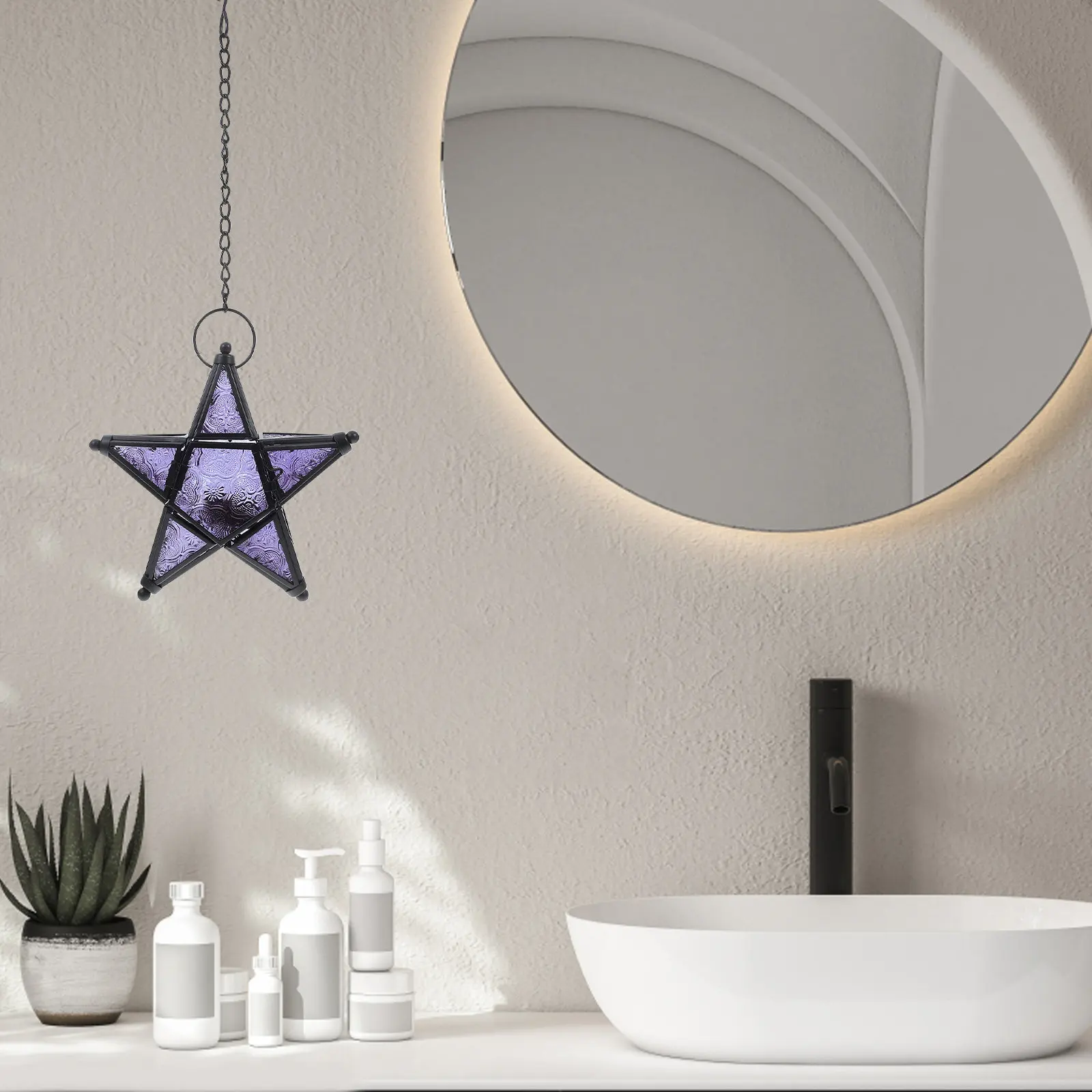 Hanging Star Lantern Glass Holder Decorative Pendant Lamp for Indoor Outdoor Wedding Rustic Decor Soft Lighting