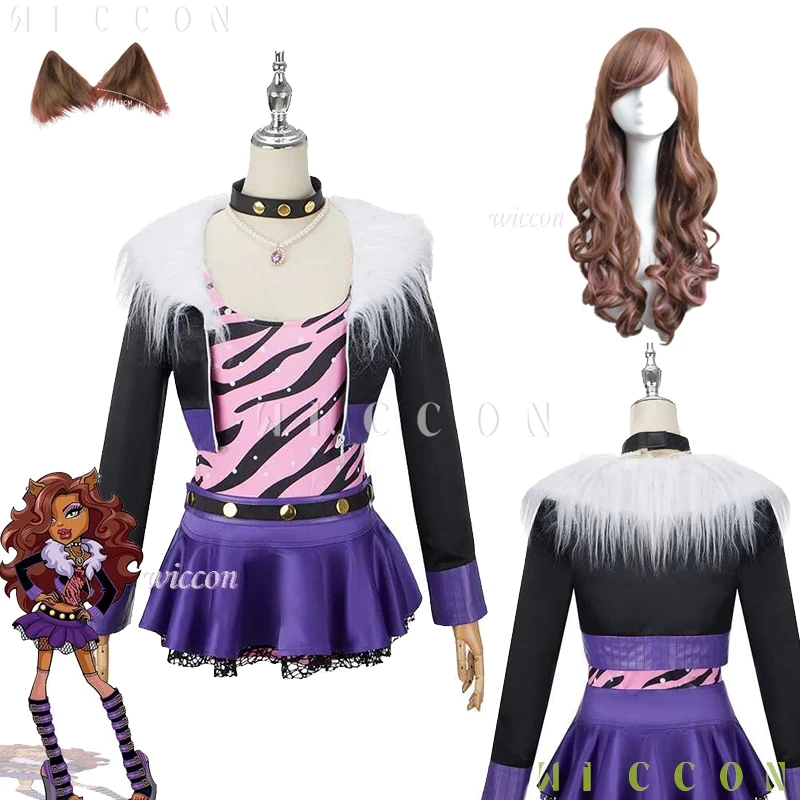 Disfraz de Clawdeenn Monster Wolf, peluca con orejas, vestido para niña, uniformes de juego de rol, peluca púrpura de Halloween, traje de juego de rol Sexy para mujer