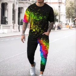 Summer fashion new striped simplest bee pattern 3D printed fashion short sleeved T-shirt long pants men's set
