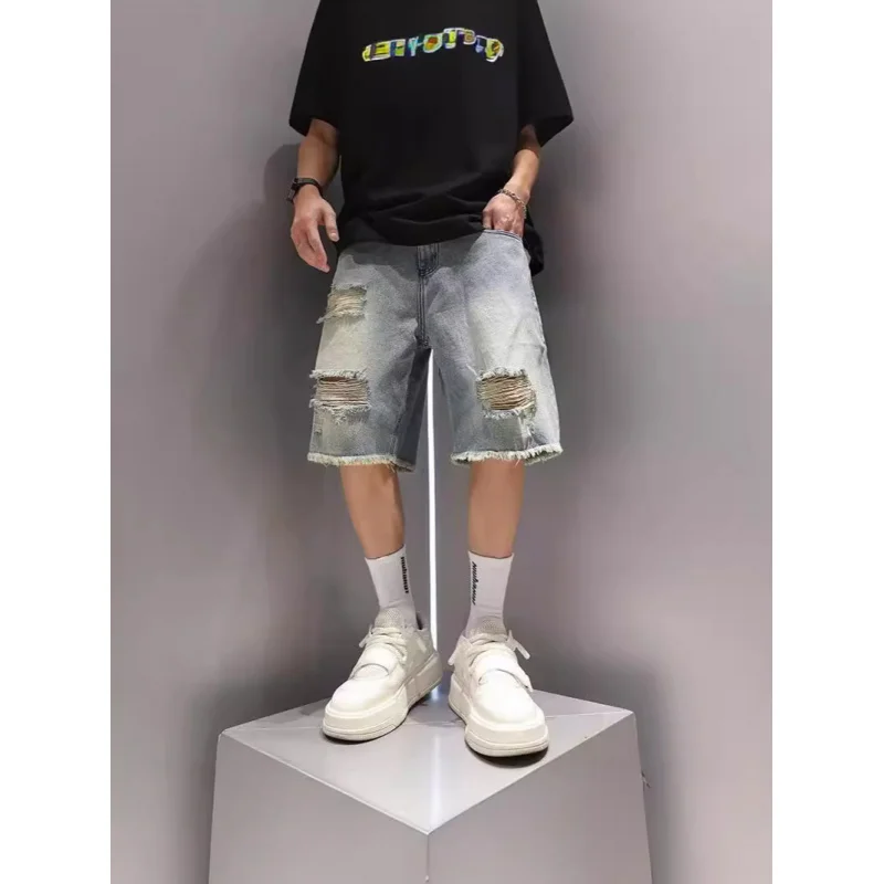 Japanese-Style Retro Make Old Ripped Denim Shorts Men Fashion Brands Loose Straight-Leg Frayed Hem Five-Point Pants Casual Breec