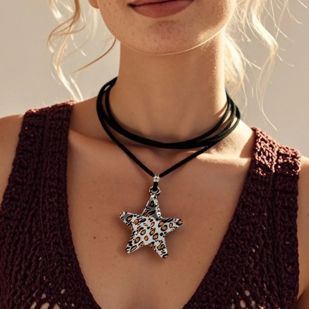 DIY accessories Autumn and winter retro leopard print pentagram bow pendant long adjustable necklace niche accessories NK28150