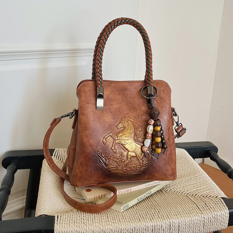 Vintage Embossing Handbag Ethnic Style Shoulder Bag High Quality PU Leather Tote Bag Large Capacity Commute Handbag Classic Bag