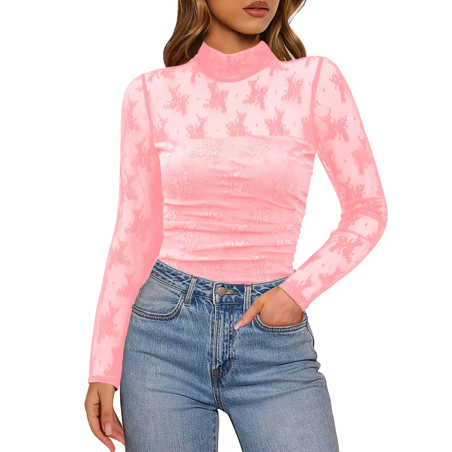 여성용 레이스 시스루 탑 터틀넥 긴팔 모크넥 플로럴 메쉬 셔츠 섹시 시스루 블라우스