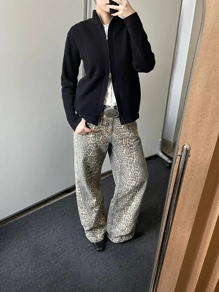 بنطلون جينز نسائي واسع الساق واسع جلد النمر ، بنطلون جينز فضفاض غير رسمي ، بنطلون عالي الخصر ، اتجاه هاراجاكي ، جمالي عتيق ، الربيع ، #3