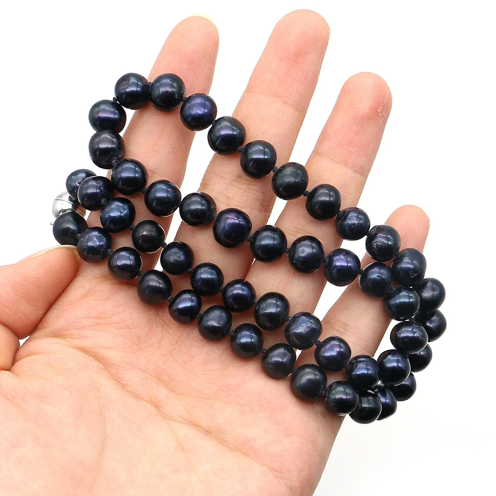 Gothic Glam Black Dyed Round Pearls With Magnetic Clasp Design Beaded Necklace Dark Romance Party Decorative Accessory 7-8mm