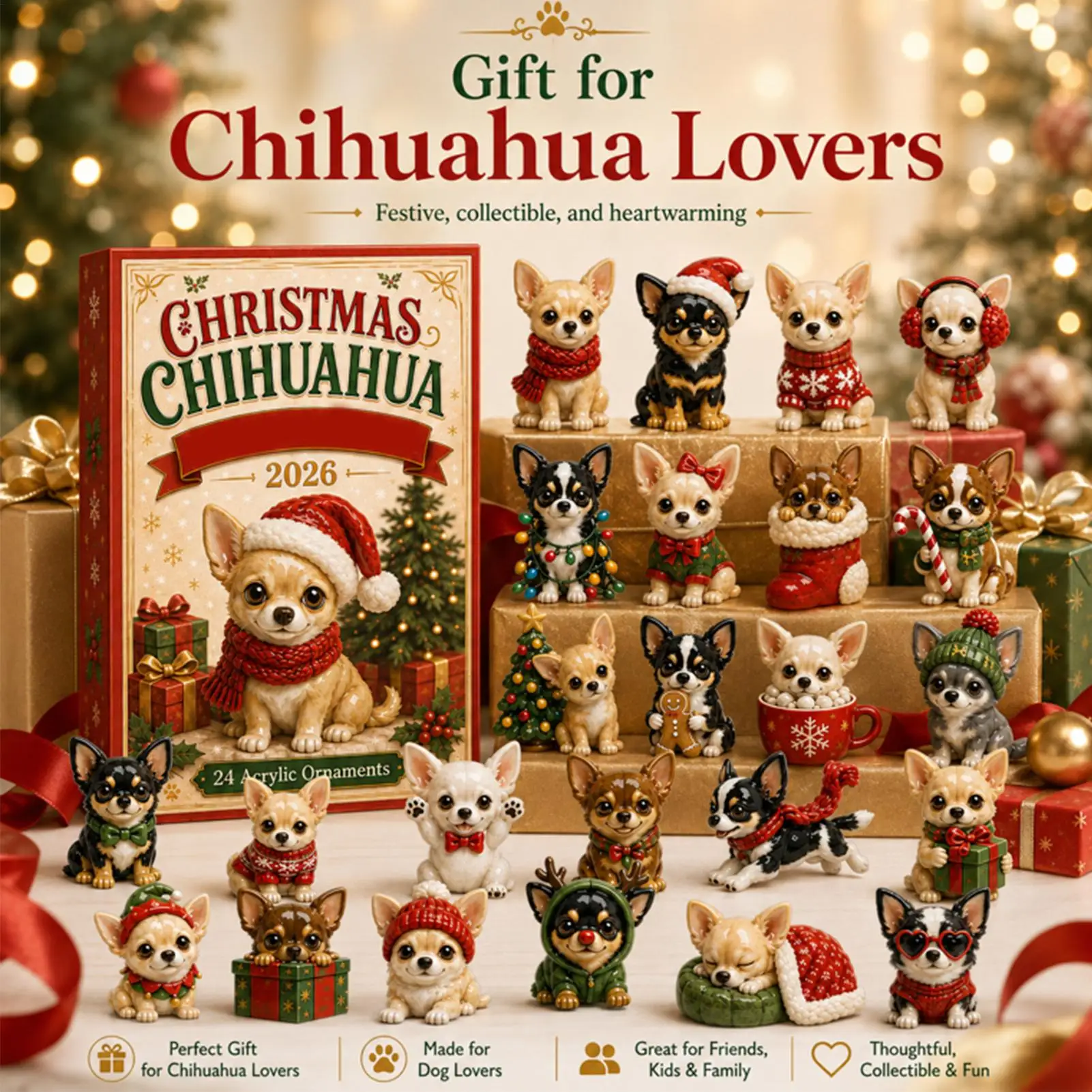 24 Days Chihuahua Advent Calendar with 2D Acrylic Dog Charms Christmas Countdown Ornament for Kids,Pet Lovers,Xmas Tree Decor