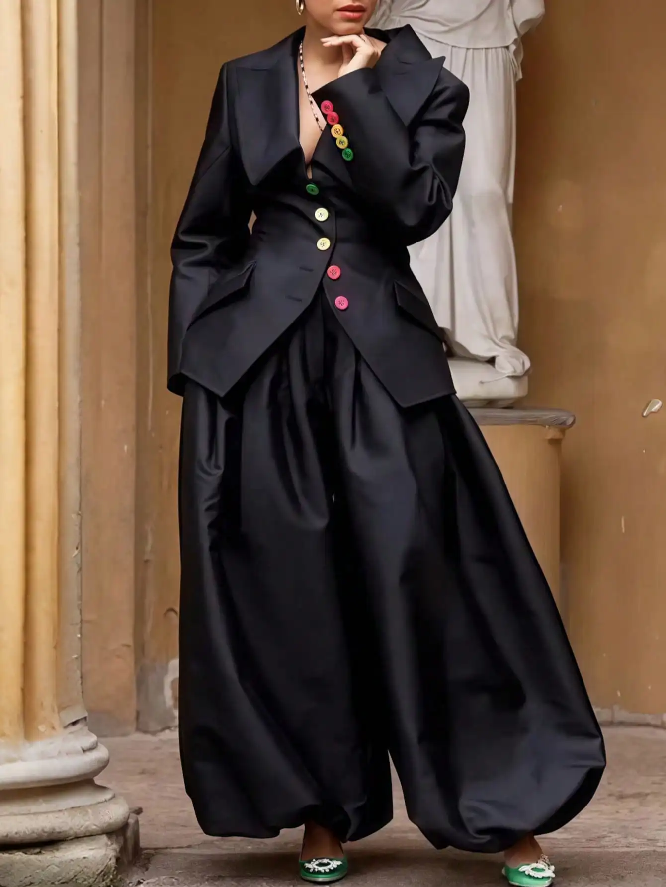 

Women's Black Asymmetrical Lapel Button-Up Two-Piece Set with Wide Leg Pants, Elegant Woven Fabric