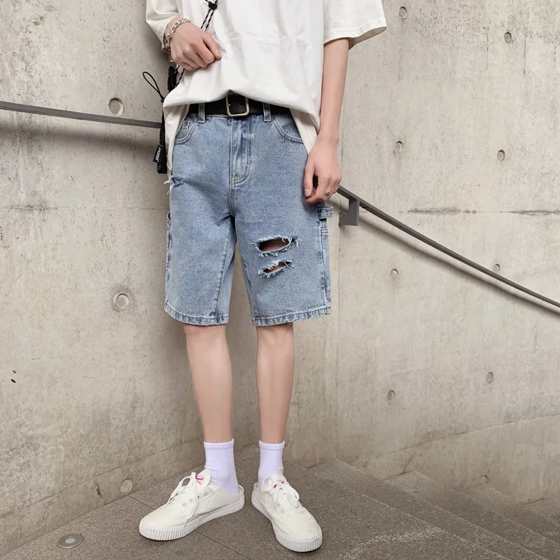 2022 distressed jeans loose denim shorts men's tide brand summer youth hip-hop casual hole tooling five-point pants