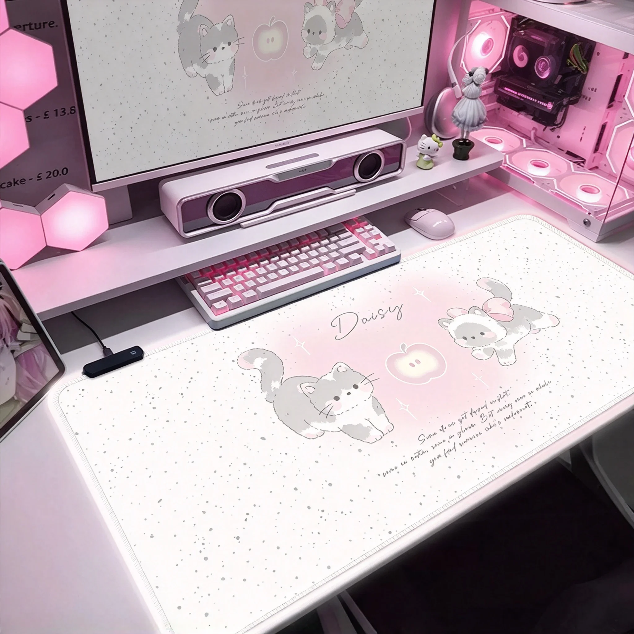 Korea Ins Cute Pink Cat Kitten Leather Y2K Mouse Pads Desk Mat for Office Gaming Waterproof Non-slip Computer Pad Keyboard Pads