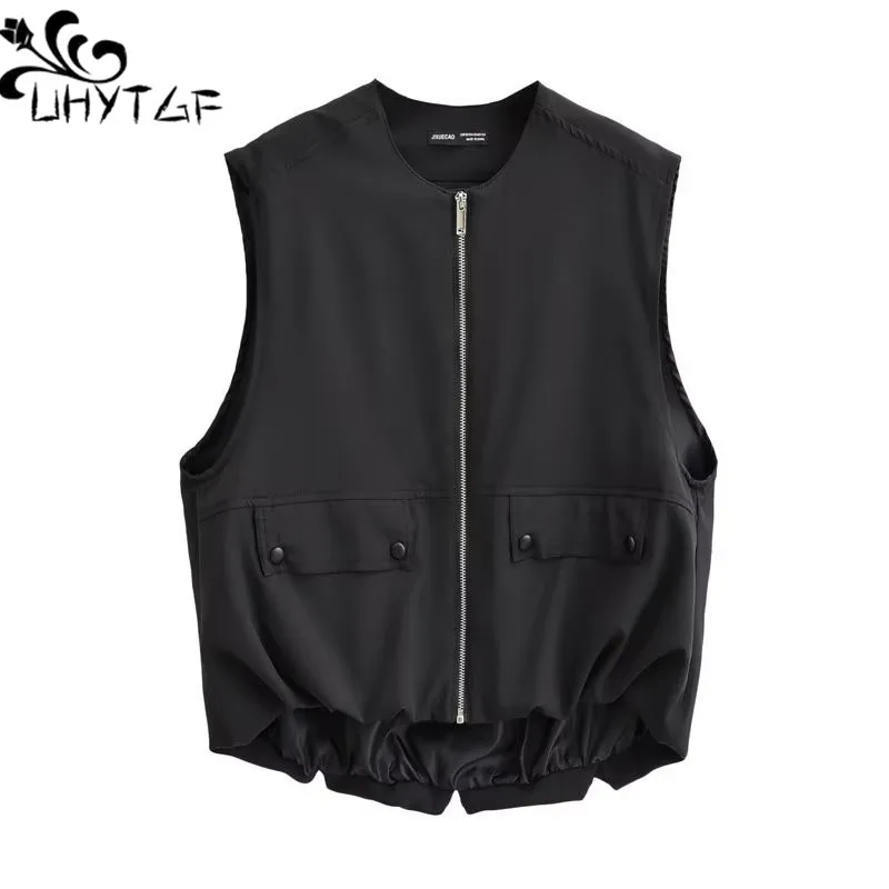 

O-Neck Sleeveless Zipper Womne Vest 2024 Autumn Pocket Drawstring Female Waistcoat Casual Loose Streetwear All-match Jacket 3027