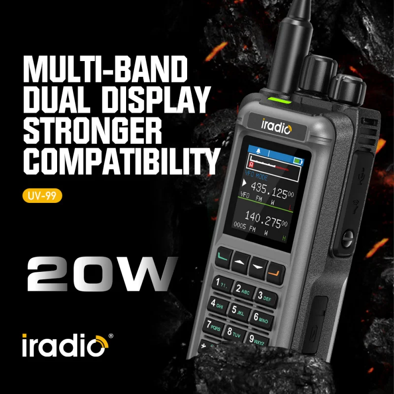 

IRadio UV-99 Многодиапазонная рация высокой мощности 20 Вт AM/FM 1024 Канальная емкость NOAA Погода DTMF Беспроводная копия Type-C HAM