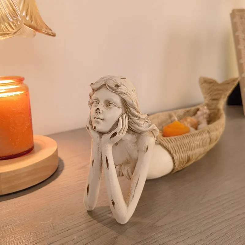American Retro Resin Mermaid Sculpture Desktop Ornament Key Candy Jewelry Storage Tray Home Crafts Decoration