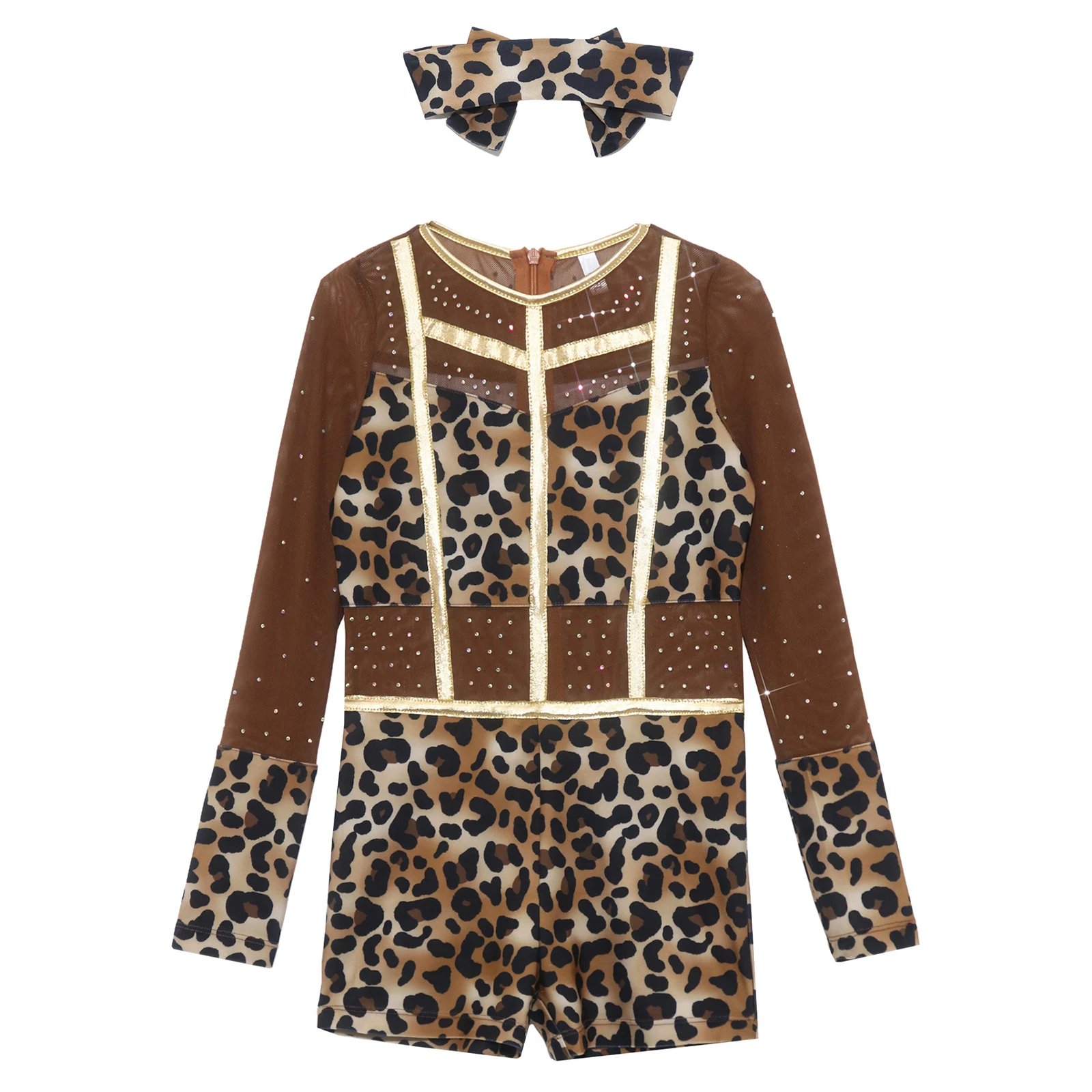 Kinder Mädchen Strass Leopardenmuster Jumpsuit für Ballett, Halloween Höhlenmenschen-Kostüm, Reißverschluss Metallic-Besatz Bodysuit – Detail 16