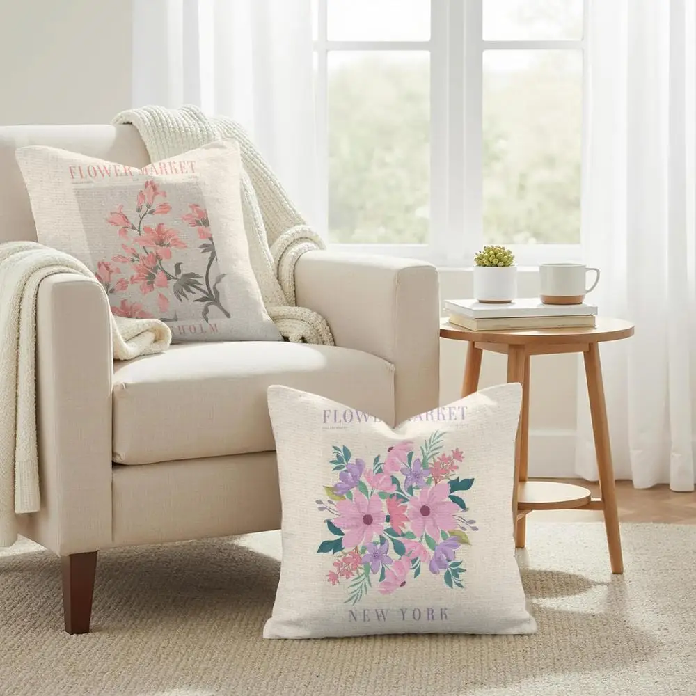 Classic Flower Market Cushion Cover Double-Sided Printed Organic Linen Pillow Cover, Decorative for Sofa Home