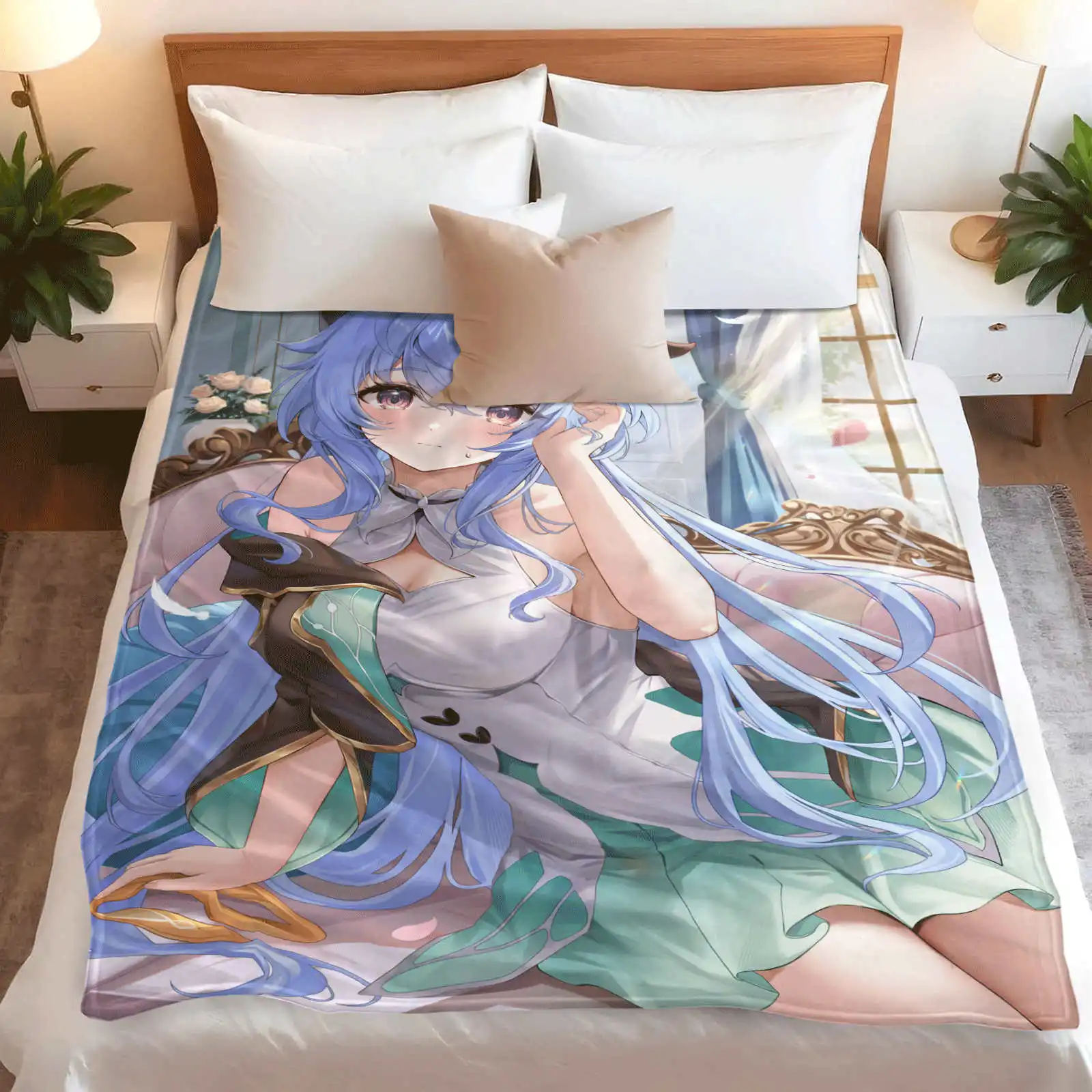 Game Genshin Impact Ganyu Flannel Blanket Warmth Soft Air Conditioning Otaku Blanket Multifunctional
