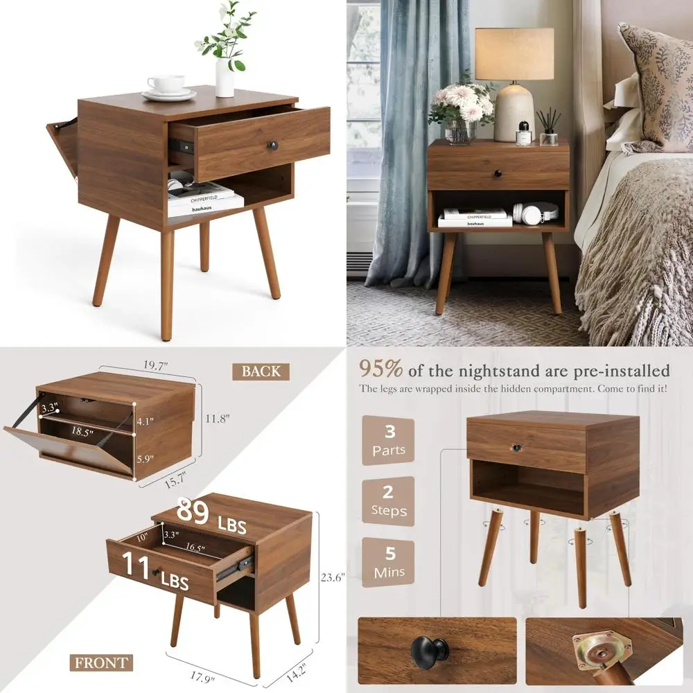 

Современная тумбочка середины века со скрытым хранилищем, деревянными ножками, скрывающая мебель для прикроватной тумбочки, торцевой столик с решением для хранения вещей