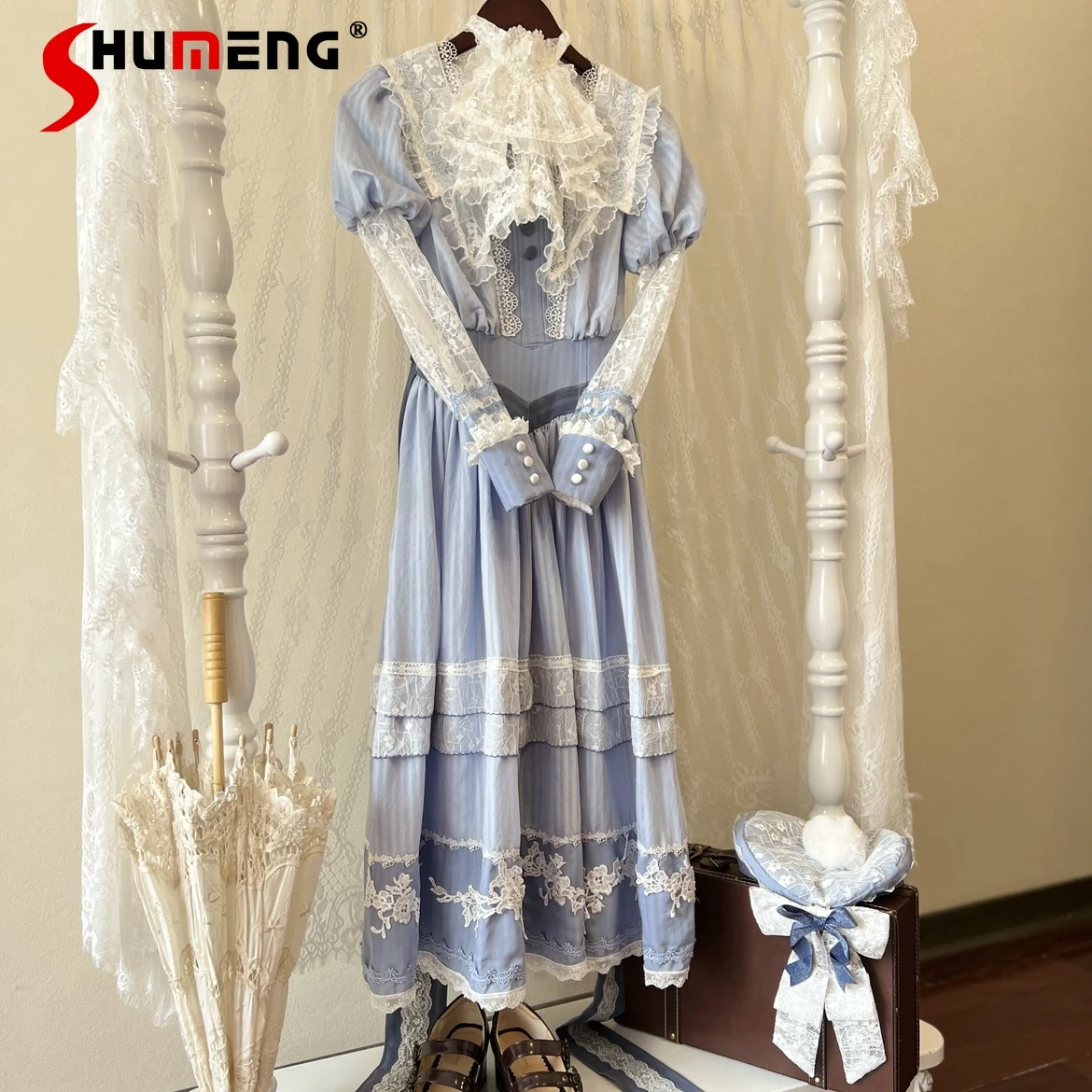 

French Elegant Retro Elegant Cla Lolita Long Dresses Japanese Girl's Womens Sweet Embroidered Navy Collar Splicing Sleeve Dress