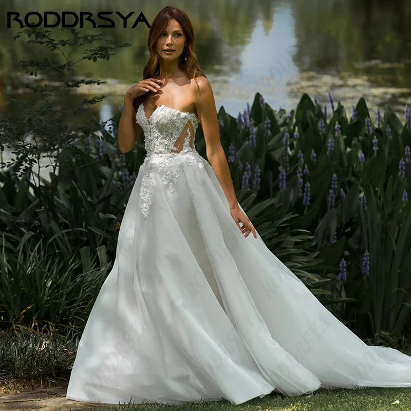 RODDRSYA-Vestido De novia De encaje sin tirantes, prenda elegante con estampado 3D romántico, línea A, ilusión De fiesta, botón, espalda descubierta-Vestido De novia De encaje sin tirantes, prenda elegante con estampad