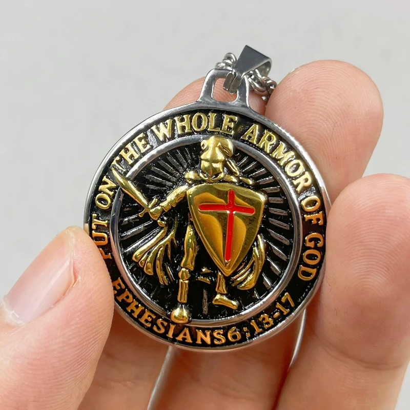 Men's Pendant Stainless Steel gold color Cross Red Armor Shield Knight Templar Crusader Cross Necklace Punk Jewelry image 6
