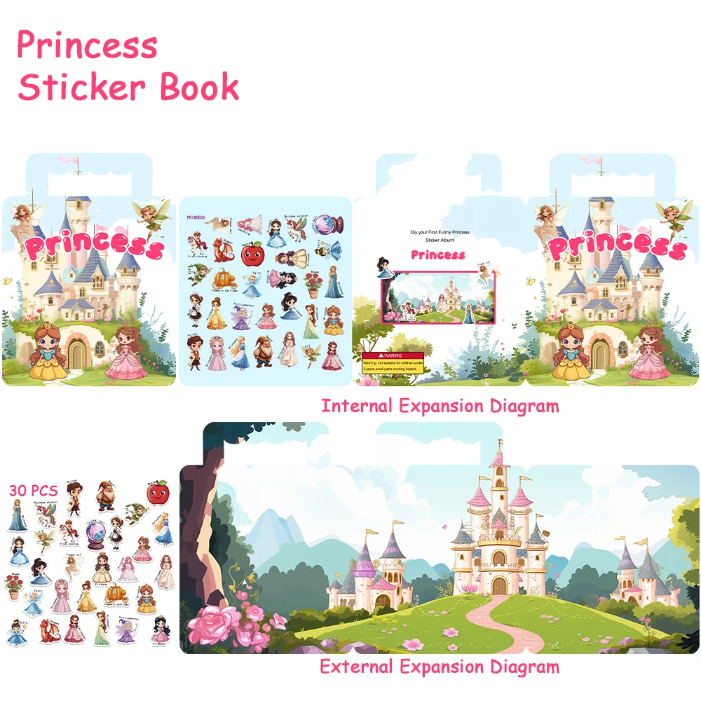 30pcs Princess Sticker Book Children Scene Stickers DIY Hand-on Puzzle Sticker Books Reusable Cartoon Learning Cognition Toys