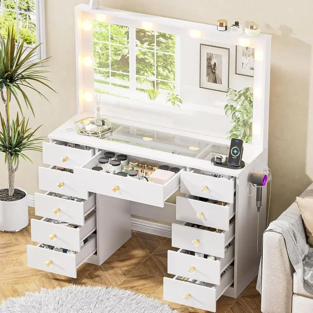 Large Mirrored Vanity Desk with 10 LED Lights, Glass Top, 11 Drawers, Crystal Handles, Power Outlet for Men or Women (White)