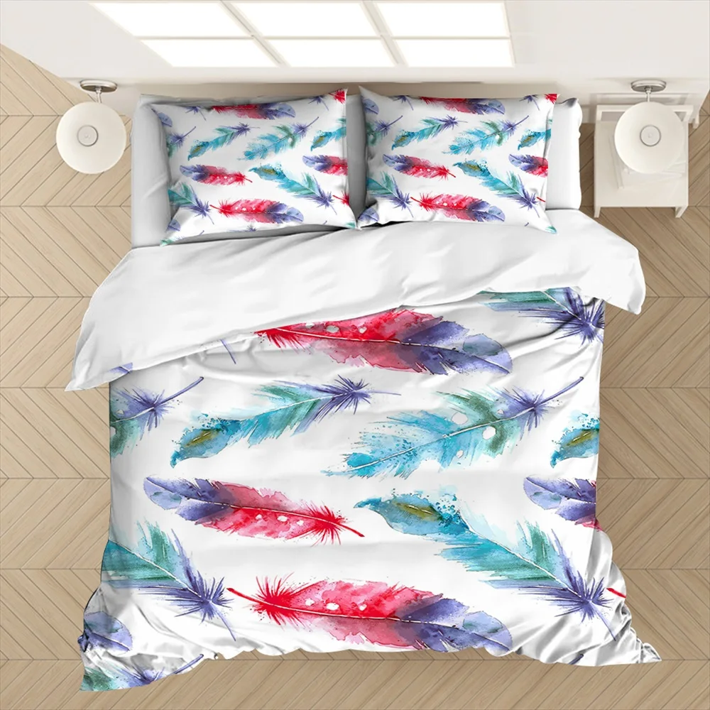 White Bedding Set King Size Quilt Cover Feather Print For Girls Used Single Bed Linen Duvet Cover Queen Kids Bedclothes