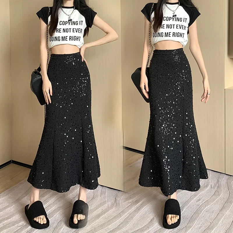 

Chic Sequin Half Skirt 2024 Women's Summer Elastic High Waist Slim Mid-length Skirts Shiny Package Hip Fishtail Skirt
