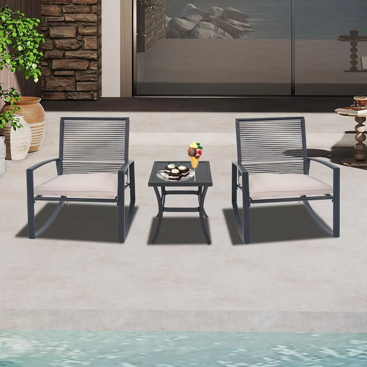 3-Piece Wicker Rocking Chair Set Patio Furniture with Removable Cushions & Metal Table All-Weather for Balcony Pool, Customized