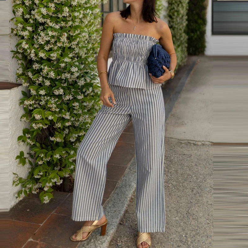Spring Summer Striped Print Holiday Set Sexy Strapless Tube Tops & High Waist Pants Outfit New Off Shoulder Backless Casual Suit - view 5