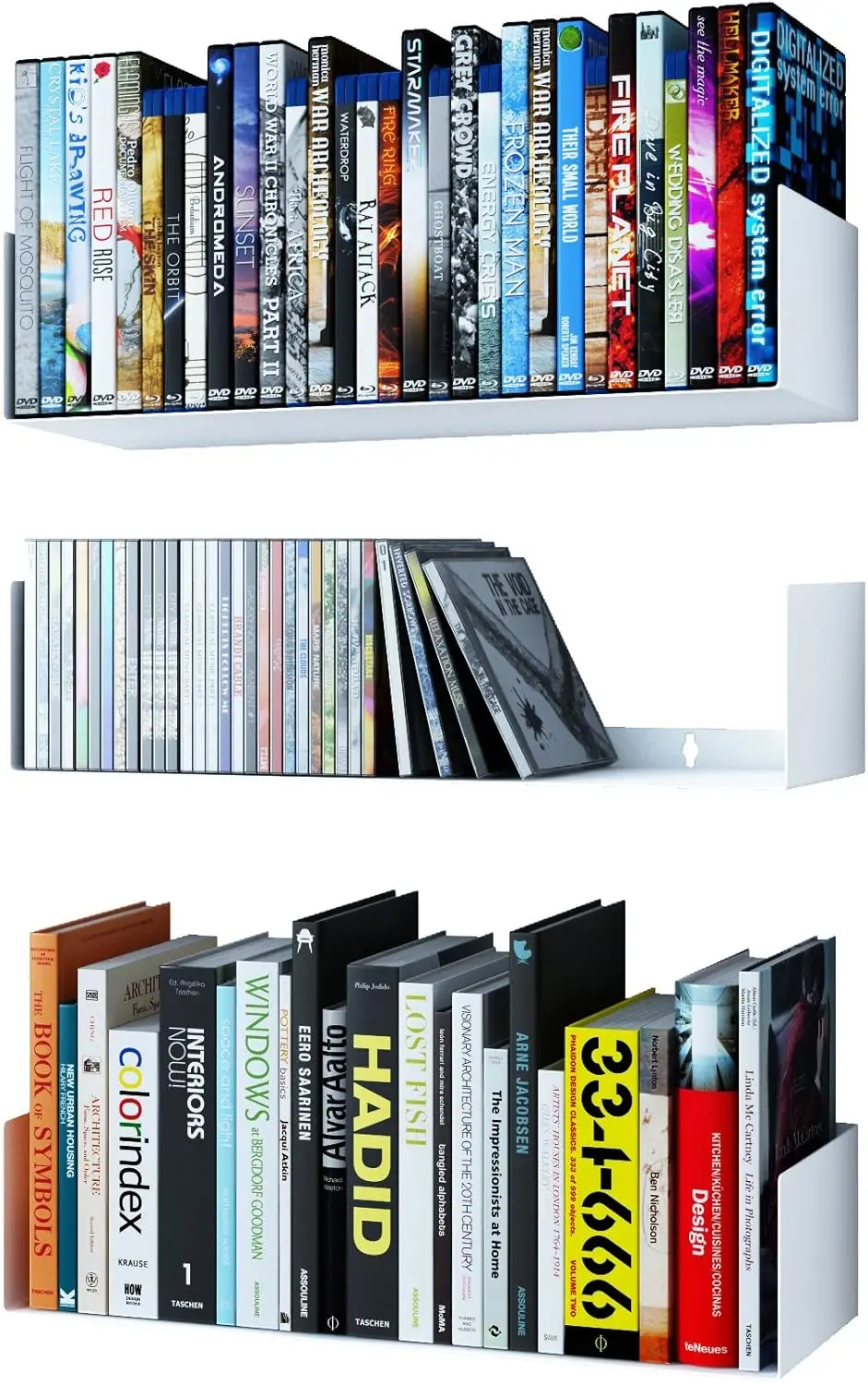

Bali White Floating Shelves For Wall, Cd Dvd Storage Shelves And Metal Bookshelf Set Of 3
