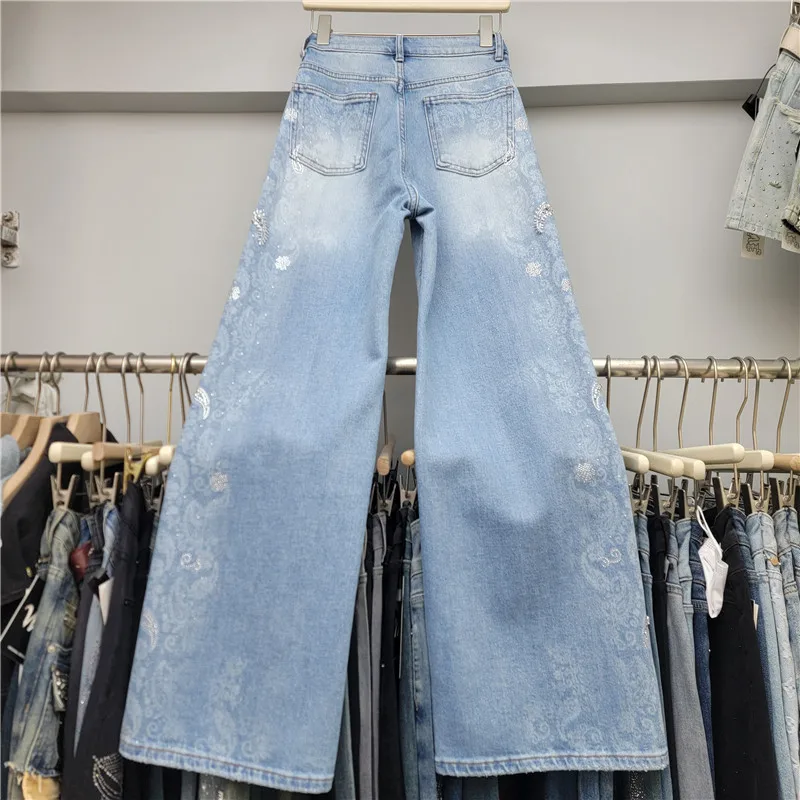 2026 Spring Summer New Blue Jacquard Beaded Jeans Women Fashion Elegant Desin Popular Wide Leg Pants