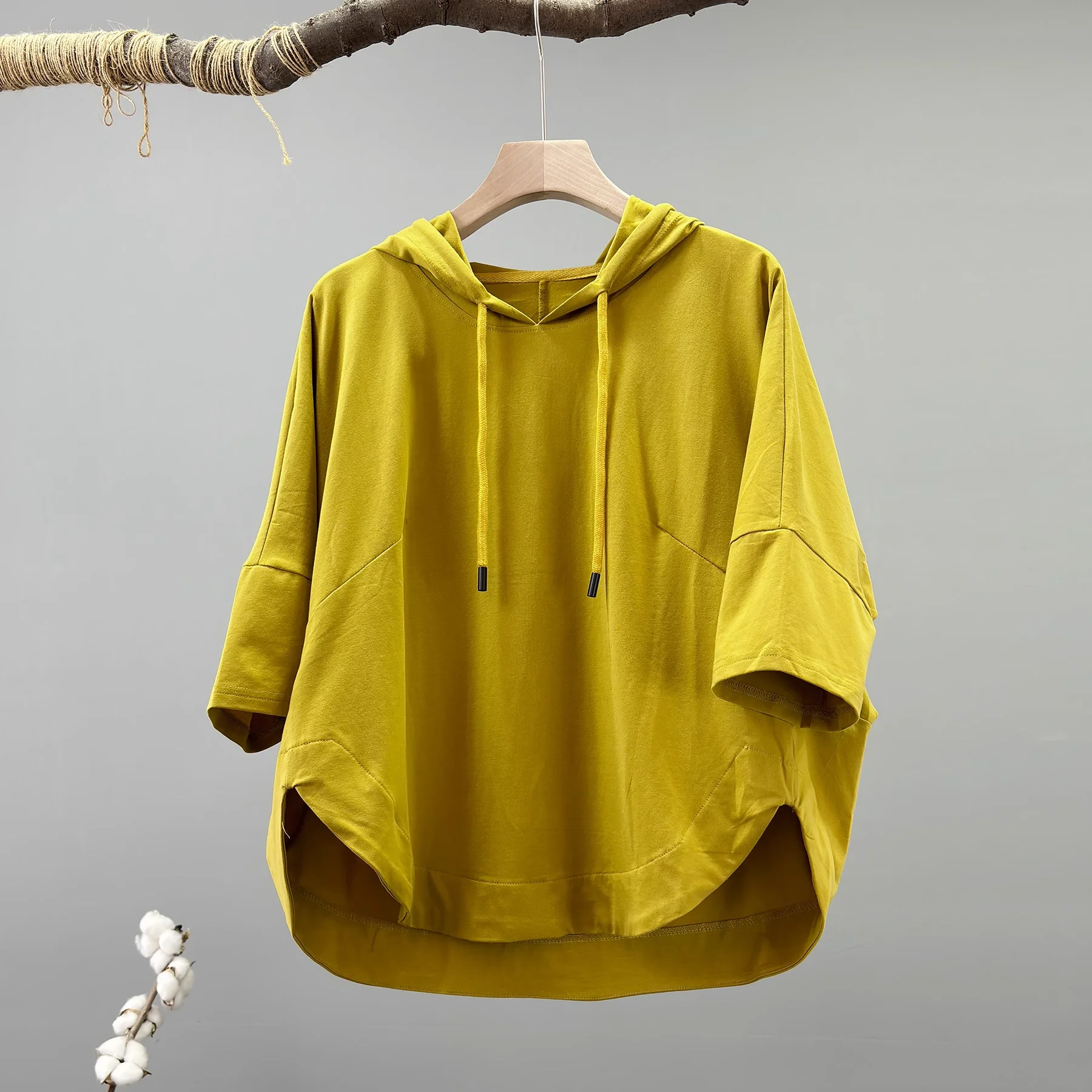

Bust 130cm plus size tops cotton hoodies for women summer Japan style short sleeve yellow solid hooded shirts and blouses