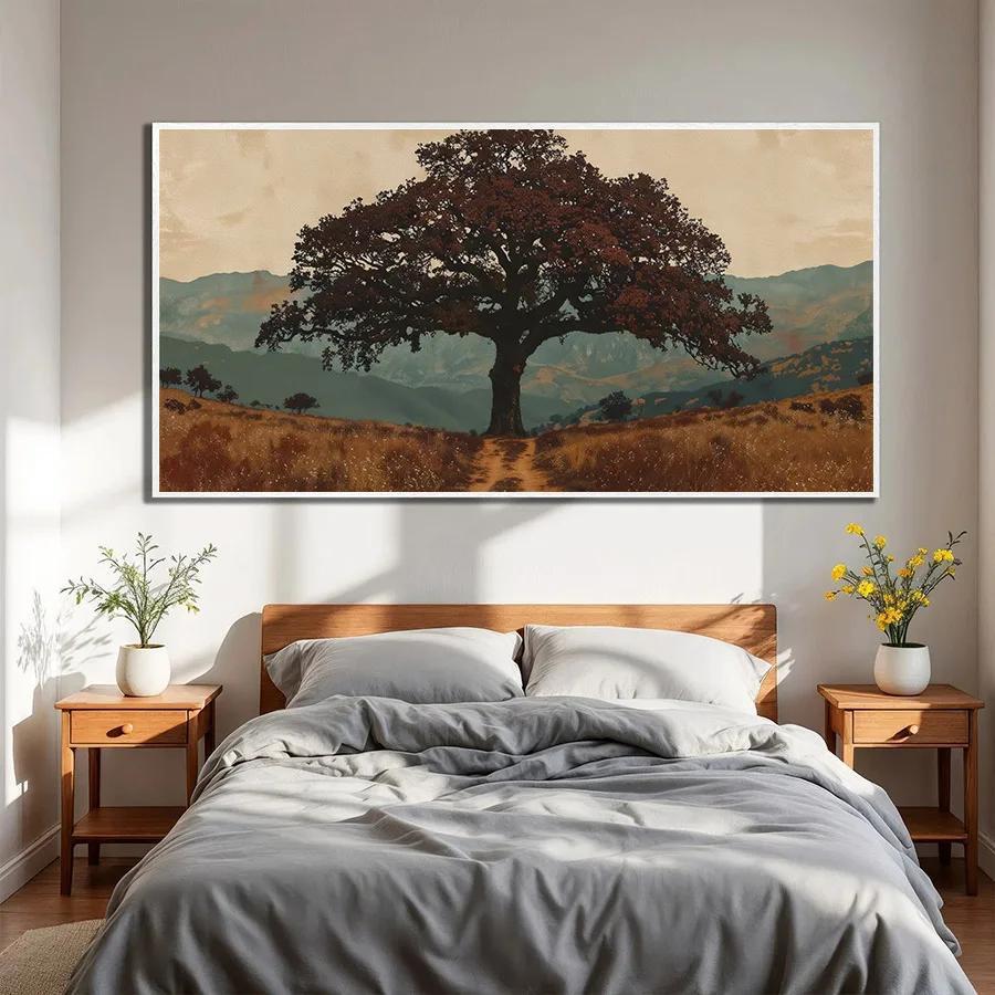 Retro Oak Tree Silhouette Landscape Canvas Painting Poster and Prints,Nordic Style Wall Art For Living Room Home Deacor No Frame