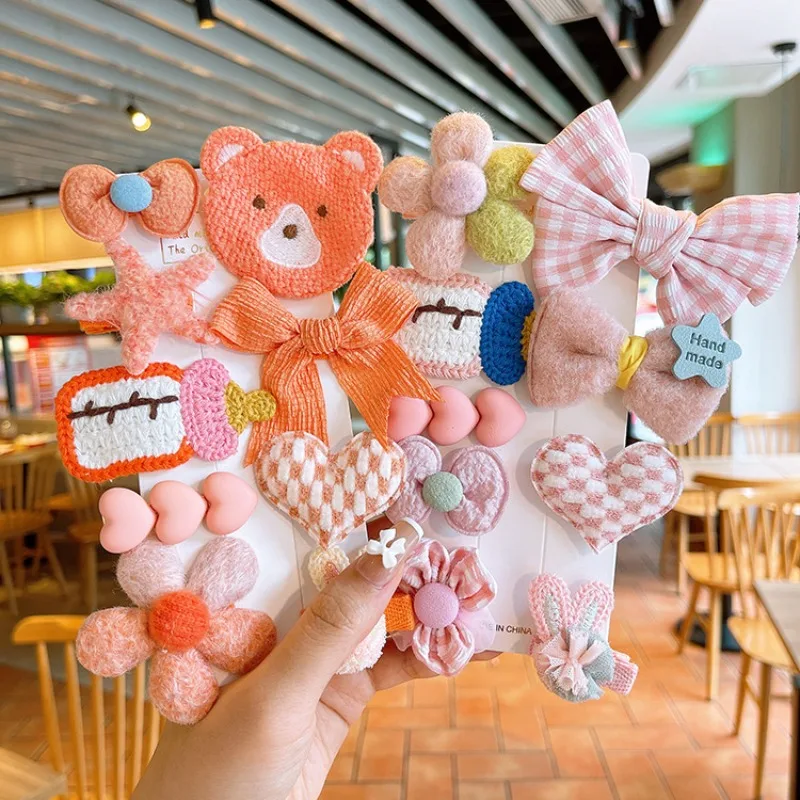 

Набор милых заколок для волос с плюшевыми бантиками в виде мишек, в горошек и с сердечками, теплые аксессуары для волос для детей