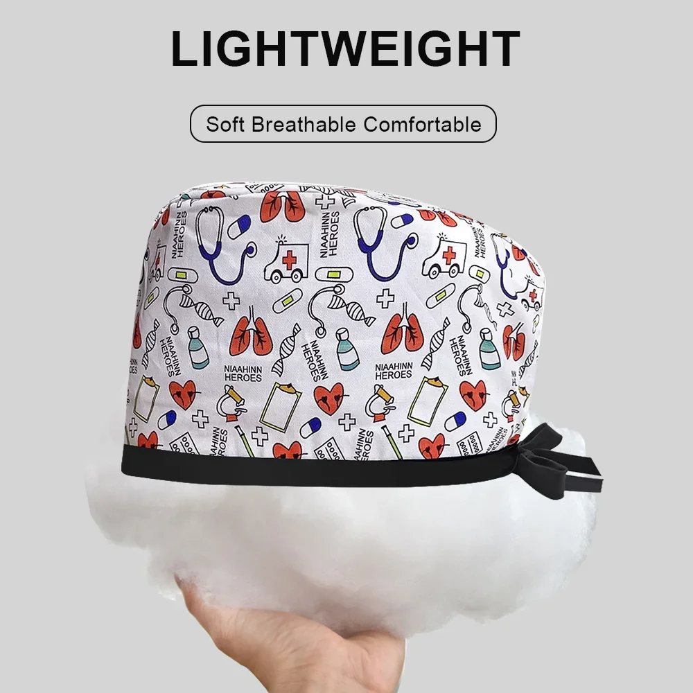 여성 남성 헤드 스크럽 캡 치과 의사 요리사를위한 100% 코튼 소프트 프린트 외과 모자 간호 모자 작업 위생 치과 외과 의사