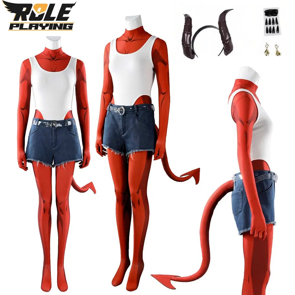 Disfraz de Maléfica para mujer, mono rojo de fantasía con diadema, cola, pantalones cortos y pendientes, ideal para Halloween, carnaval o fiestas.