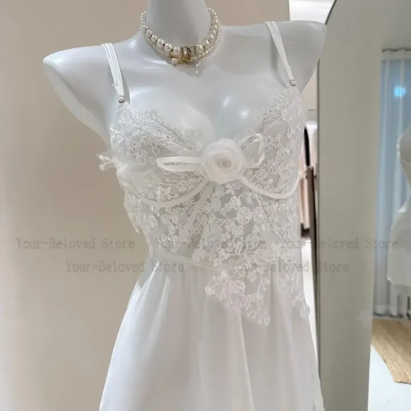 

White Flower Lace Trim Spaghetti Strap Women Sexy Satin Lingerie Home Dressing Gown Spaghetti Strap Sleepwear Loungewear