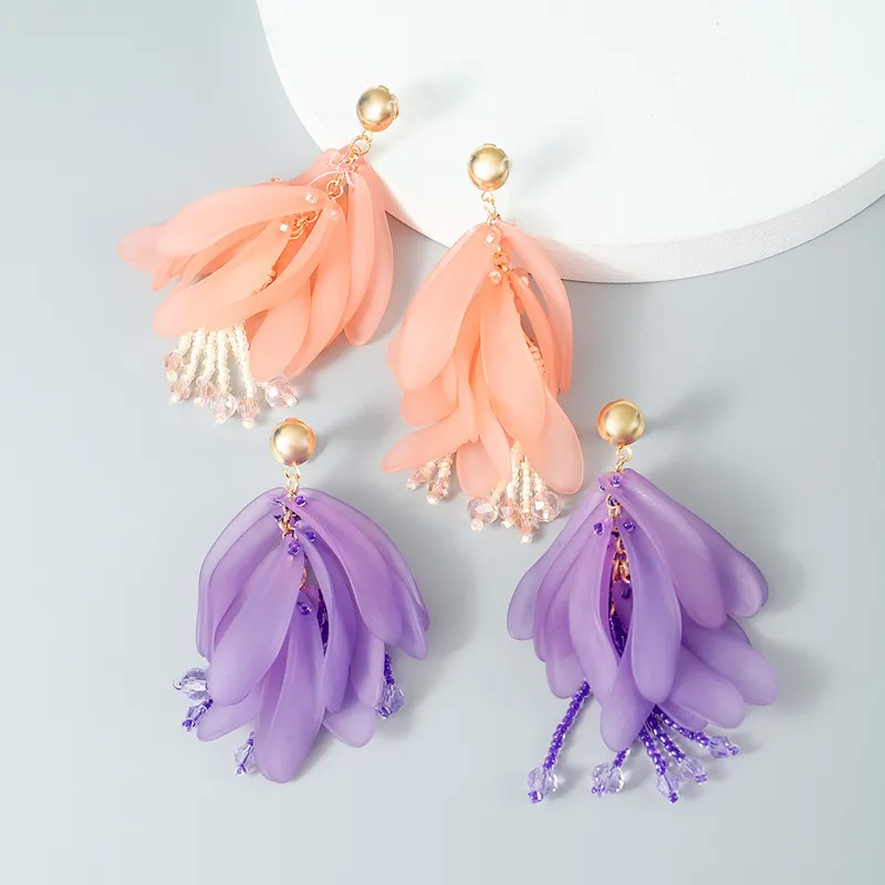 Europe and the United States ins fashion new creative earrings female hand-woven rice beads candy color multi-layer petal ear or