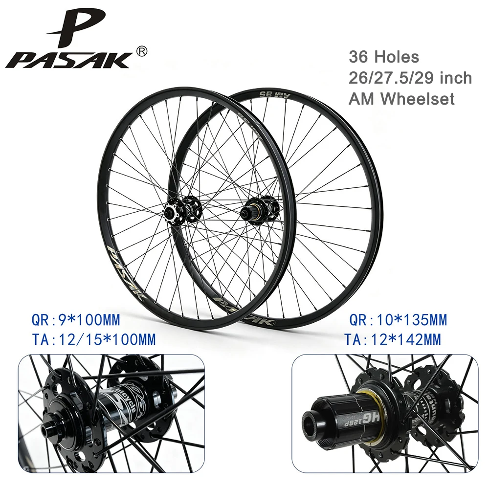 Pasak AM MTB Wheelset 36 Holes Compatible 26/27.5/29 Inch with 7-12s HG/MS/XD Cassette QR & Thru Axle Conversion Schrader Valve