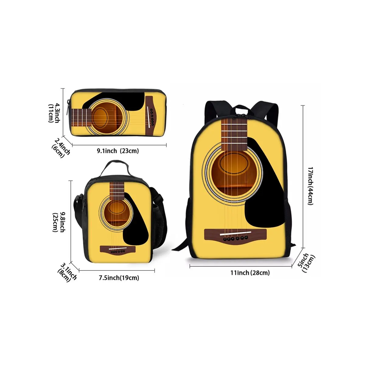 Guitar Print Three Piece Set Backpacks for Boy and Girls Best Gifts 2D Flat Cartoon School Bag for Children