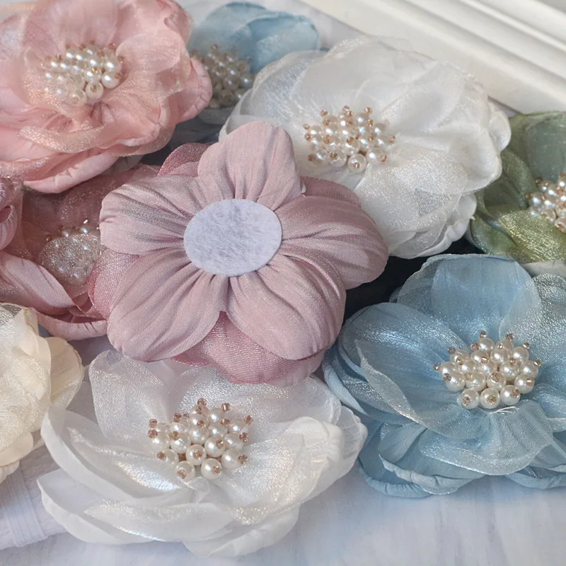 5PCS 7.5CM Chiffon Organza Fabric Rose Flower With Beads Center Wedding Dress Skirt Home Hat Decoration DIY Hair Accessories