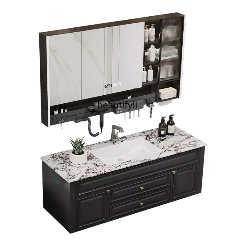 

French Retro Bathroom Cabinet Combination Natural Stone Washstand Washbasin Bathroom Mirror Cabinet